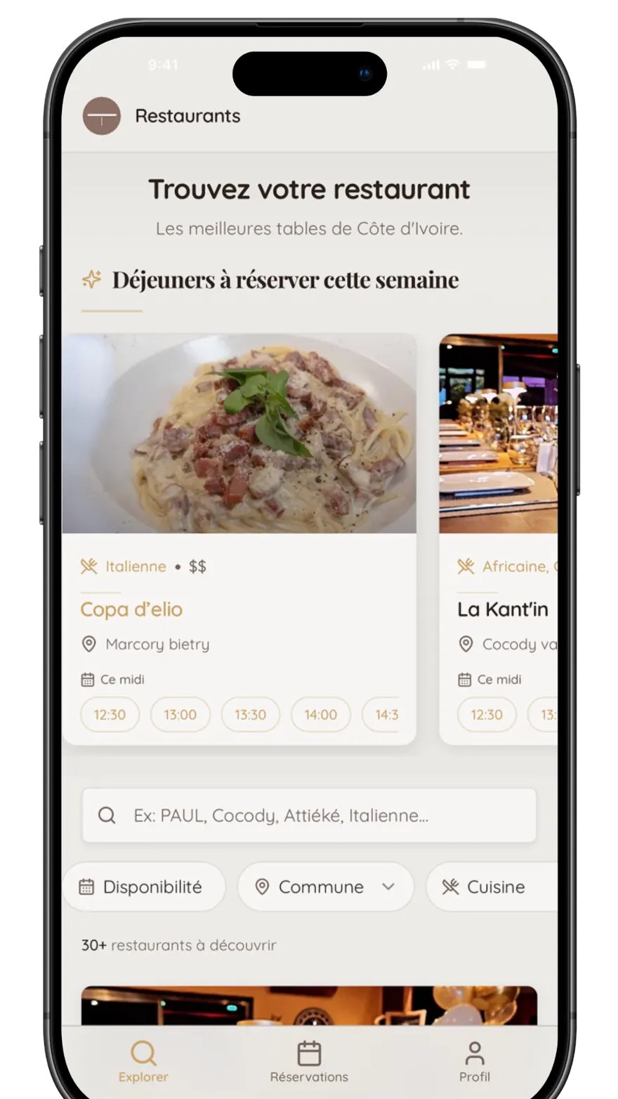 Application Tabora — écran de découverte des restaurants